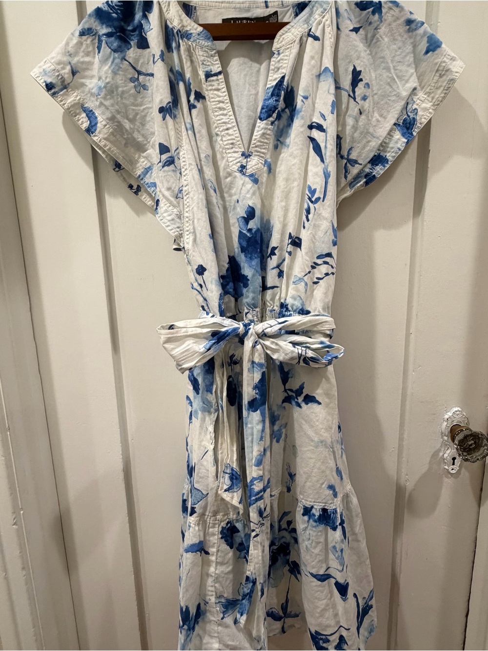 Ralph Lauren White Midi Dress with Blue Floral Print